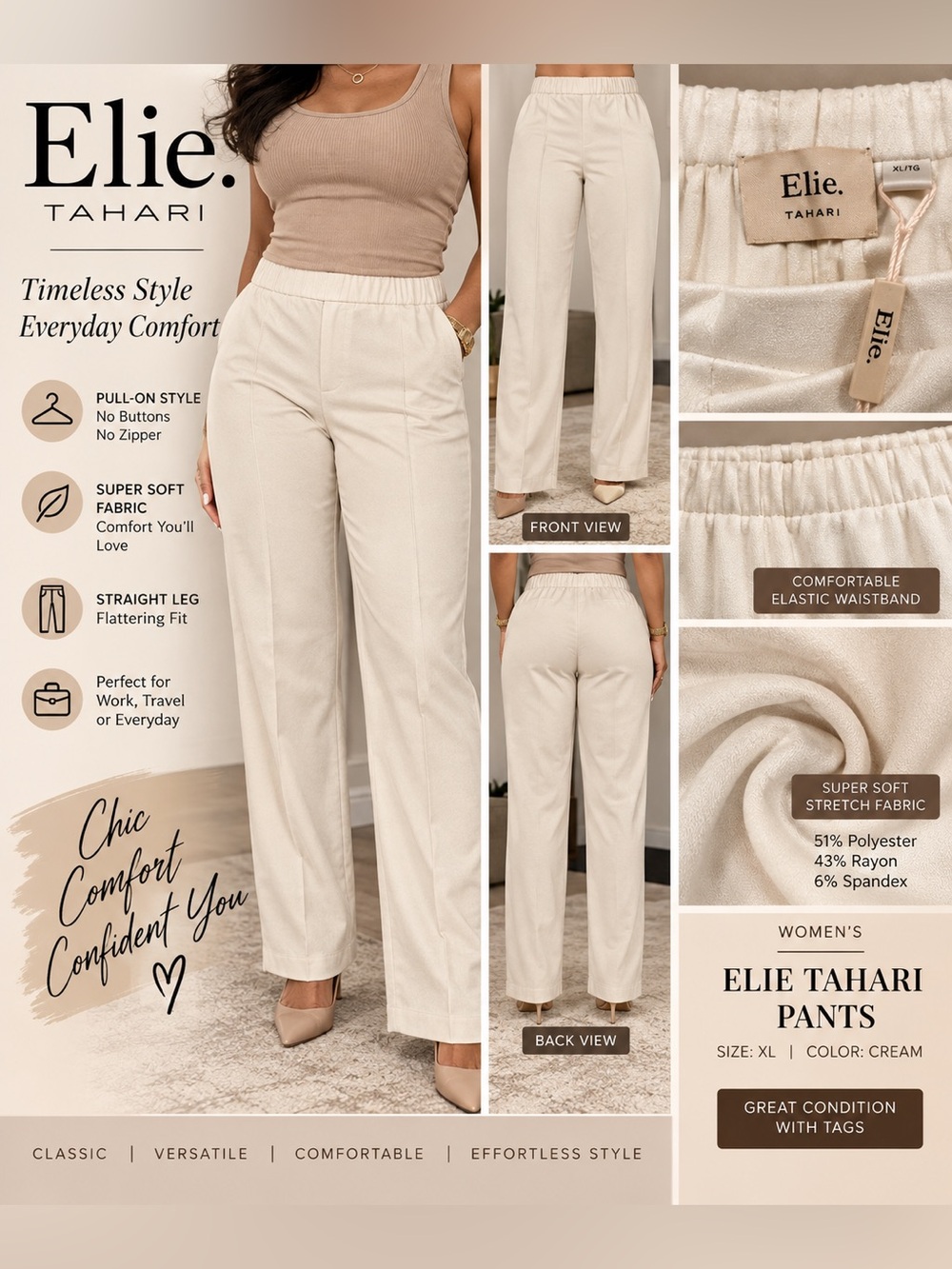 Elie Tahari Women's Cream Straight-Leg Pull-On Pants size XL